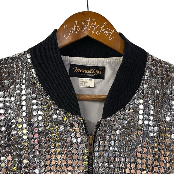 Monaliza Silver Sequin Party Jacket Bomber XL Vintage Disco NYE - Picture 2 of 8